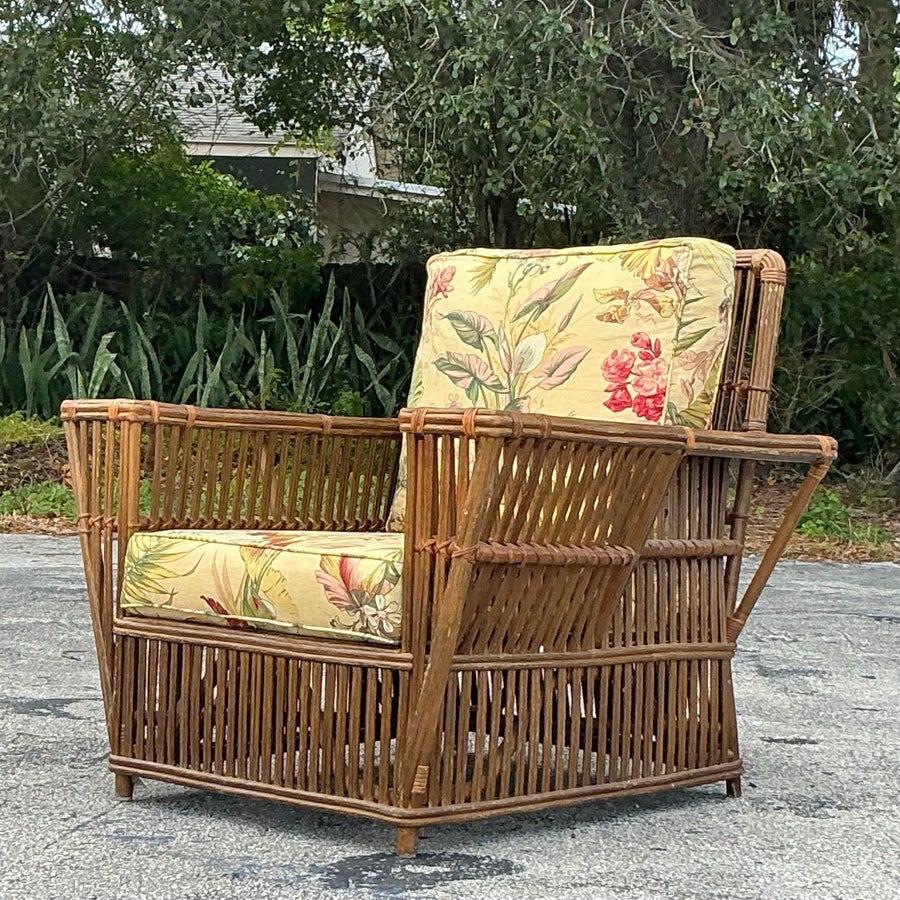 Vintage Coastal Bielecky Brothers Stick Rattan Lounge Chair and Ottoman In Good Condition For Sale In west palm beach, FL