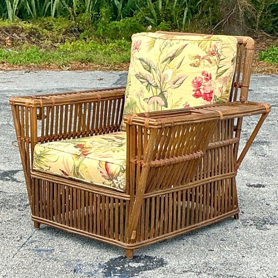 20th Century Vintage Coastal Bielecky Brothers Stick Rattan Lounge Chair and Ottoman For Sale