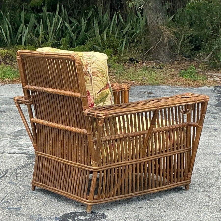Vintage Coastal Bielecky Brothers Stick Rattan Lounge Chair and Ottoman For Sale 1