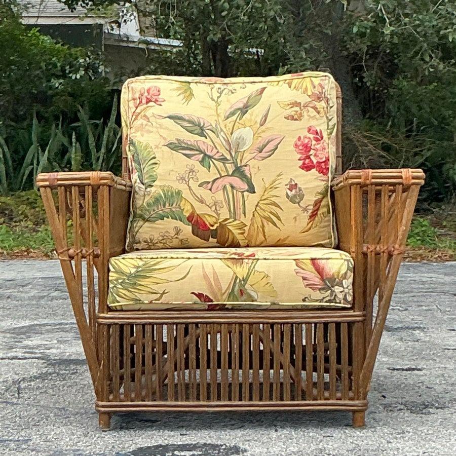 Vintage Coastal Bielecky Brothers Stick Rattan Lounge Chair and Ottoman For Sale 2