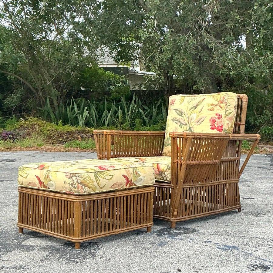 Vintage Coastal Bielecky Brothers Stick Rattan Lounge Chair and Ottoman For Sale 3