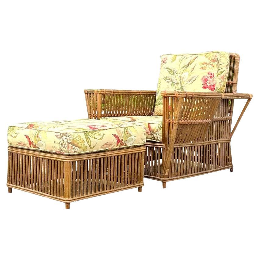 Sedia da salotto e ottomana in rattan a bastoni Bielecky Brothers vintage