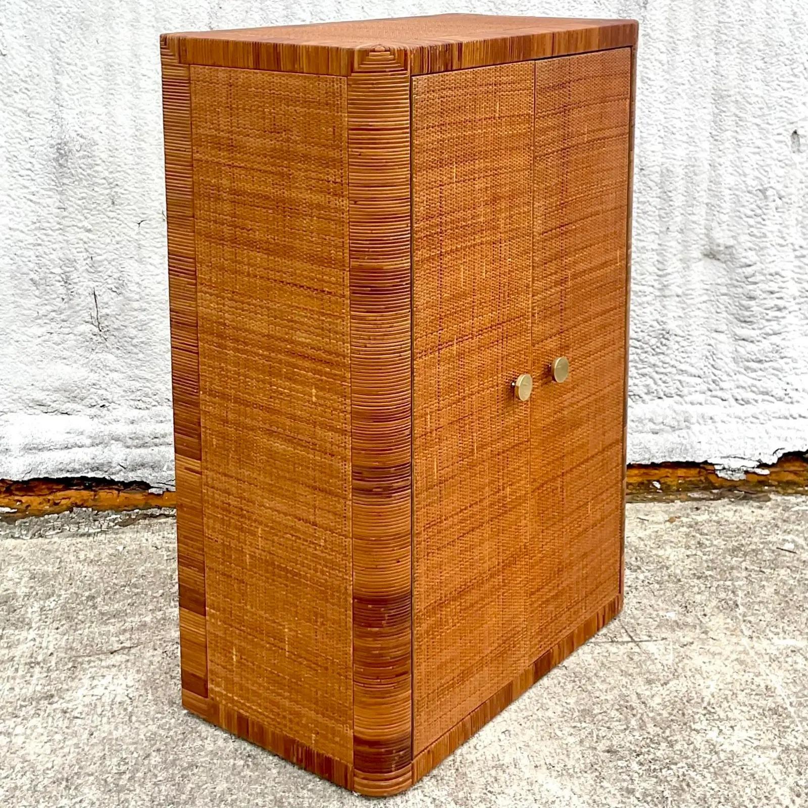 North American Vintage Coastal Bielecky Brothers Wrapped Rattan Bar Cabinet For Sale