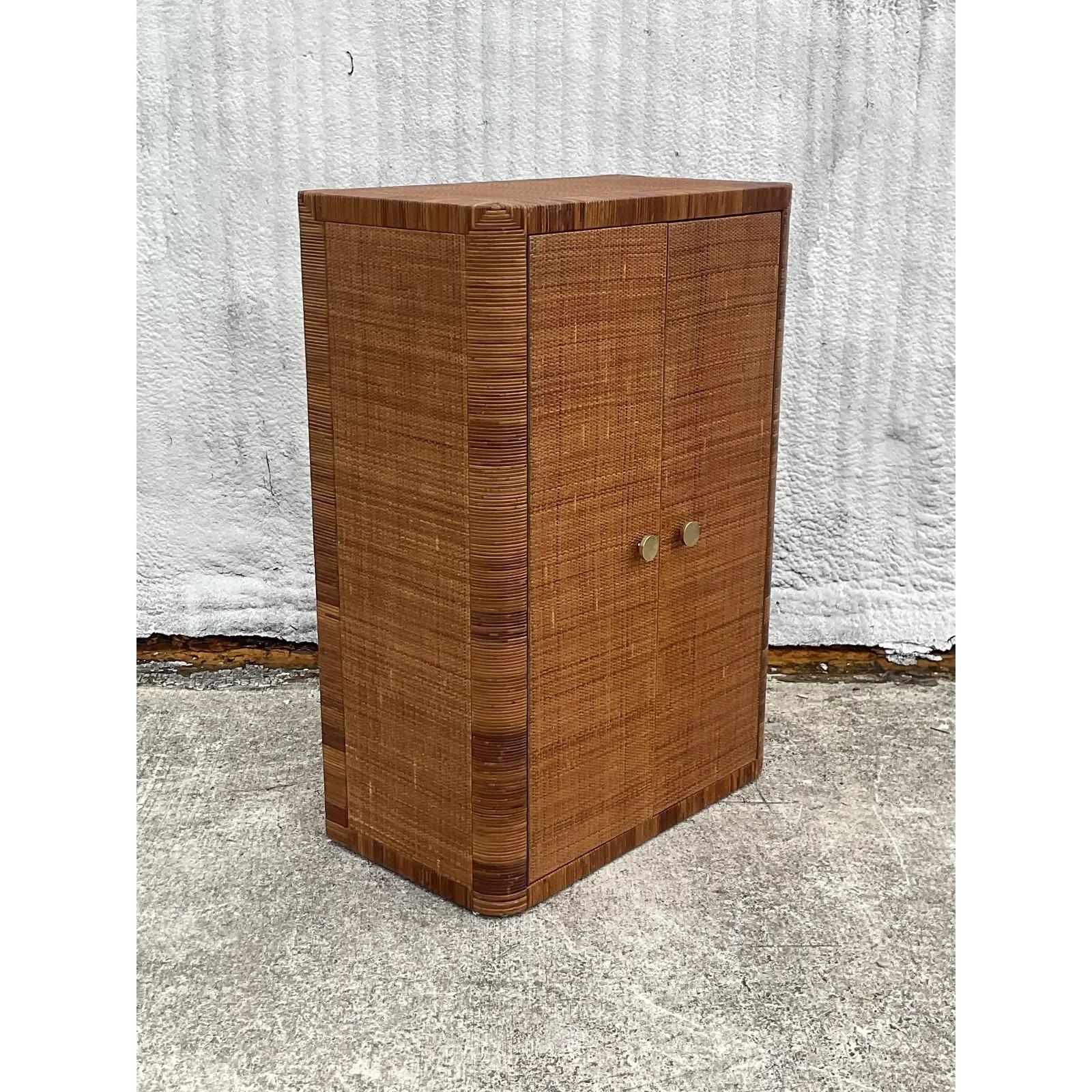 Vintage Coastal Bielecky Brothers Wrapped Rattan Bar Cabinet For Sale 1