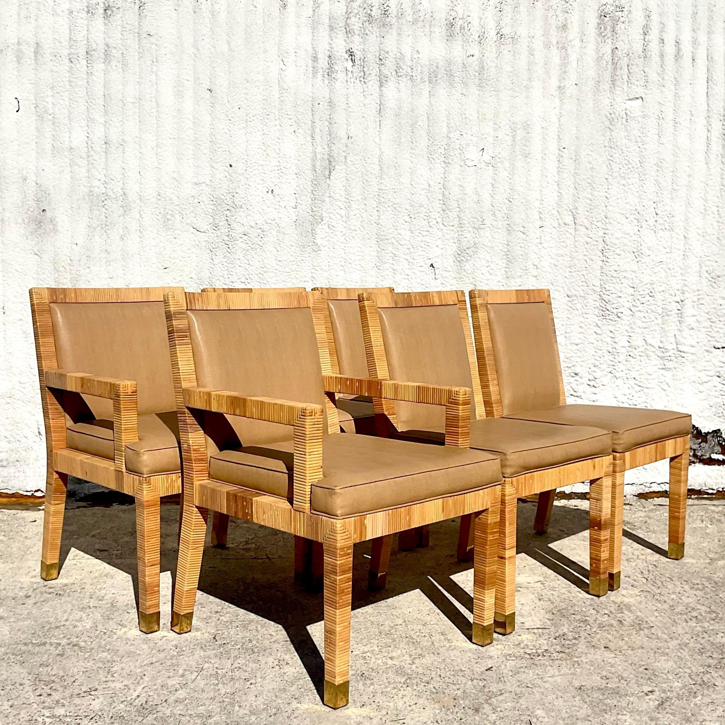 Vintage Coastal Bielecky Brothers Umwickelte Rattan-Esszimmerstühle mit Untersetzer - 6er-Set (Metall) im Angebot