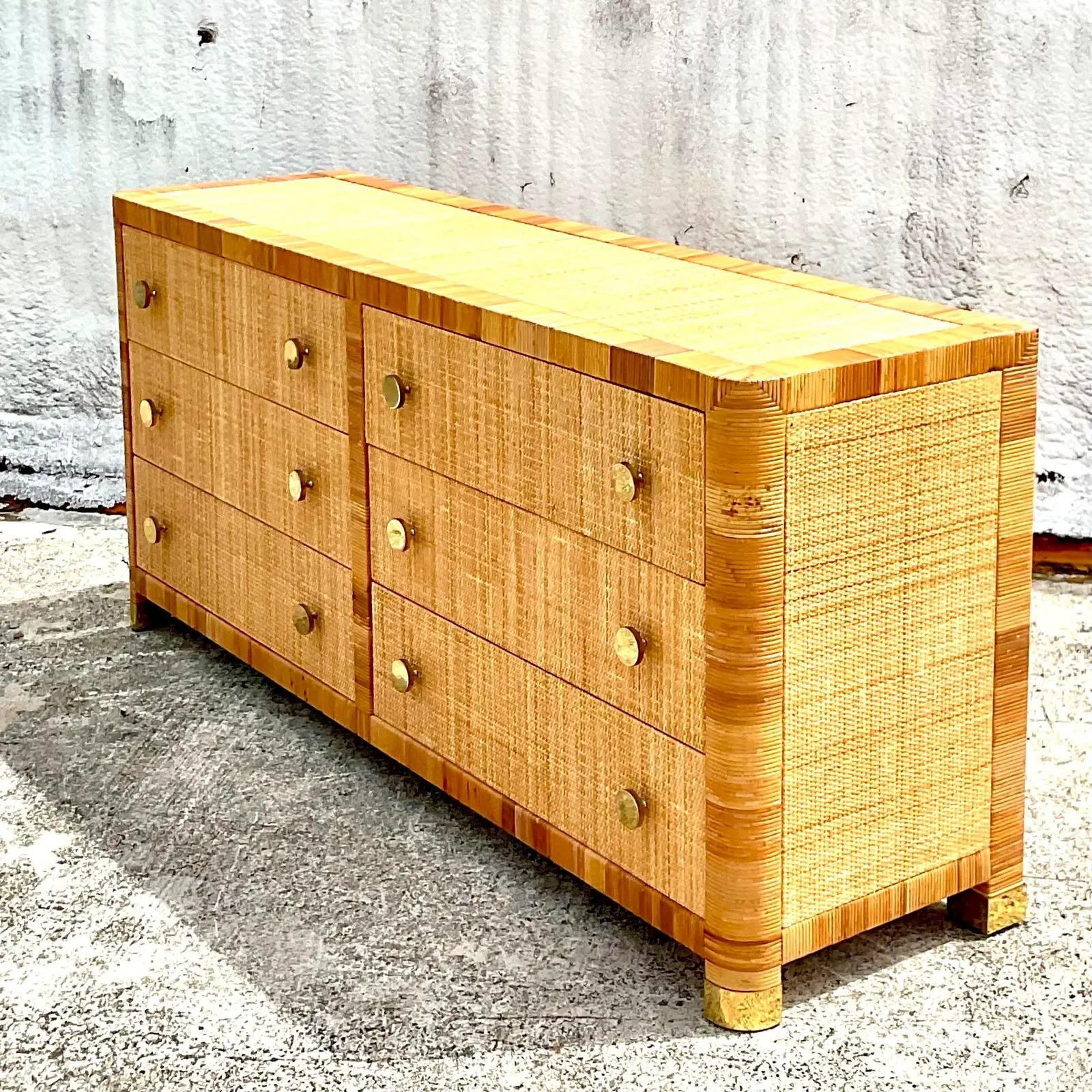 Vintage Coastal Bielecky Brothers Wrapped Rattan Six Drawer Dresser at