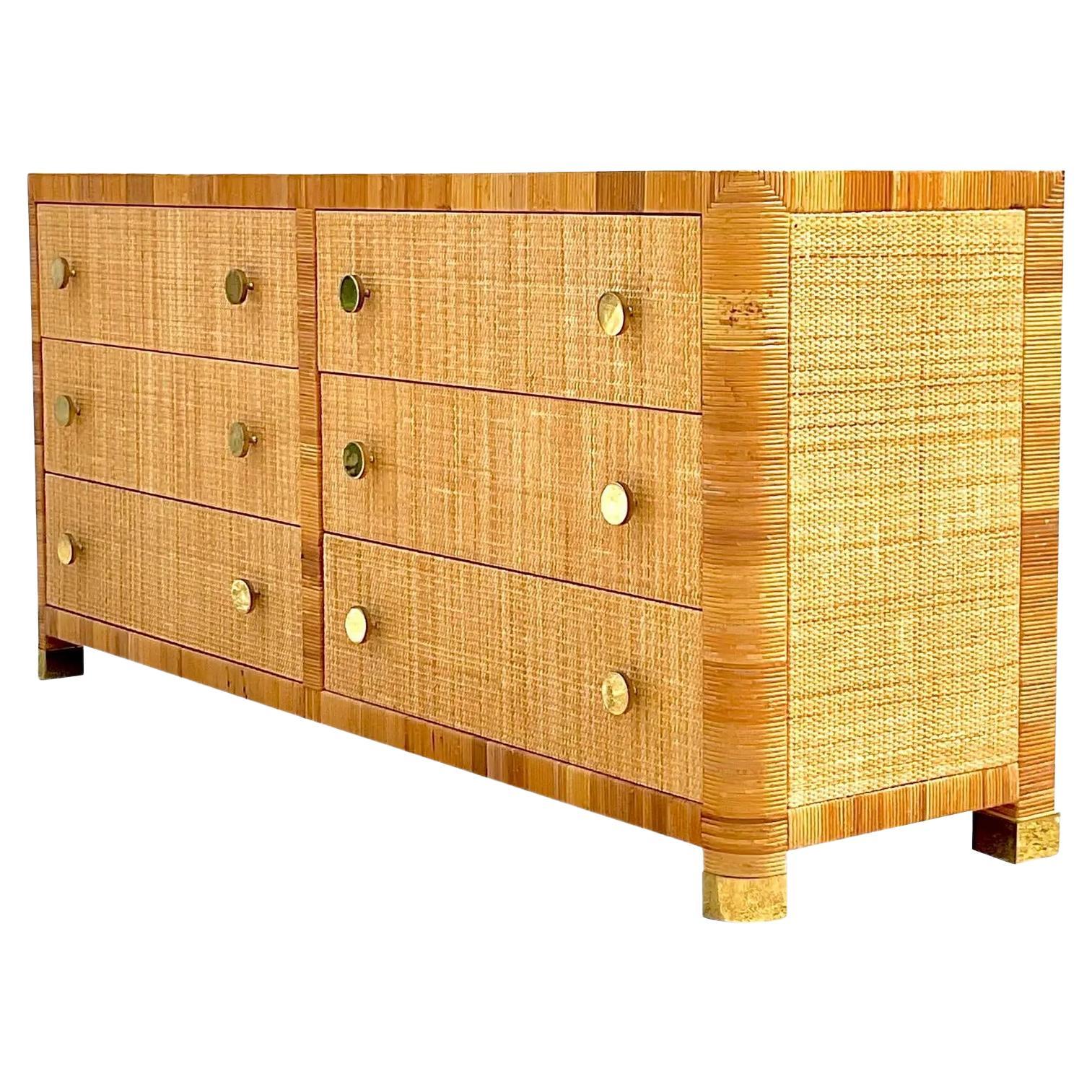 Vintage Coastal Bielecky Brothers Wrapped Rattan Six Drawer Dresser at 1stDibs