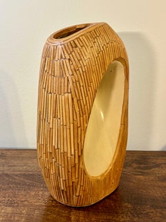 Vintage Coastal Biomorphic Ceramic and Reed Vase, Organic Modern