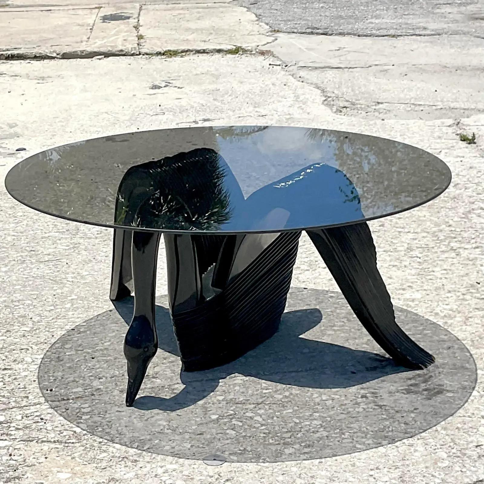 Vintage Coastal Black Lacquer Pencil Reed Swan Coffee Table In Good Condition For Sale In west palm beach, FL