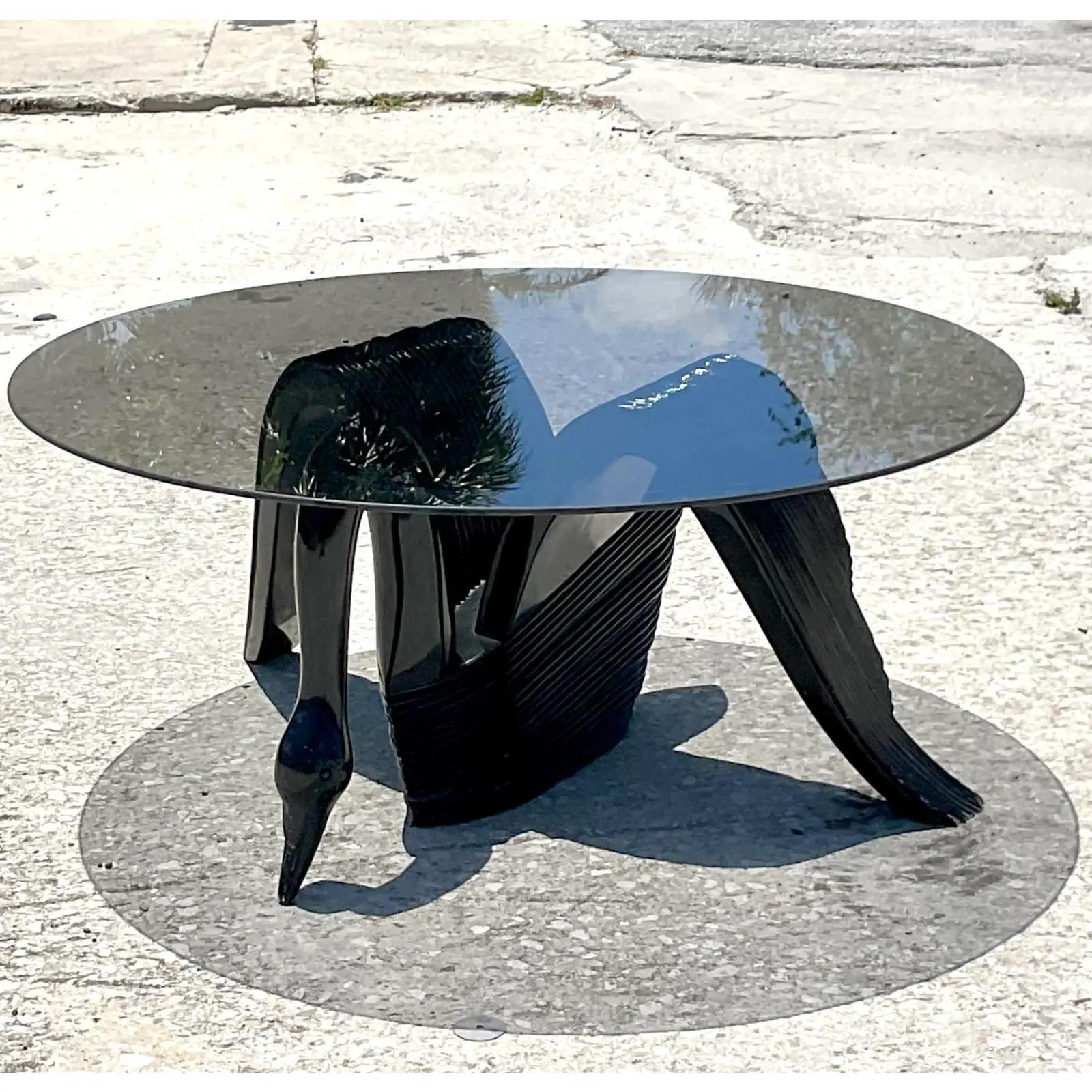 Vintage Coastal Black Lacquer Pencil Reed Swan Coffee Table For Sale 1