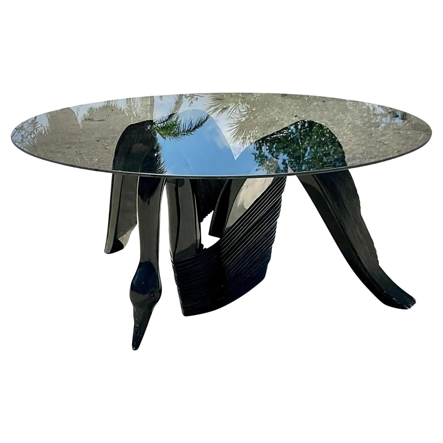 Vintage Coastal Black Lacquer Pencil Reed Swan Coffee Table For Sale
