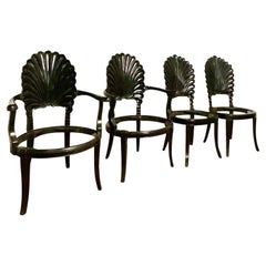 Vintage Coastal Black Lacquered Shell Back Grotto Chairs, Set of 4