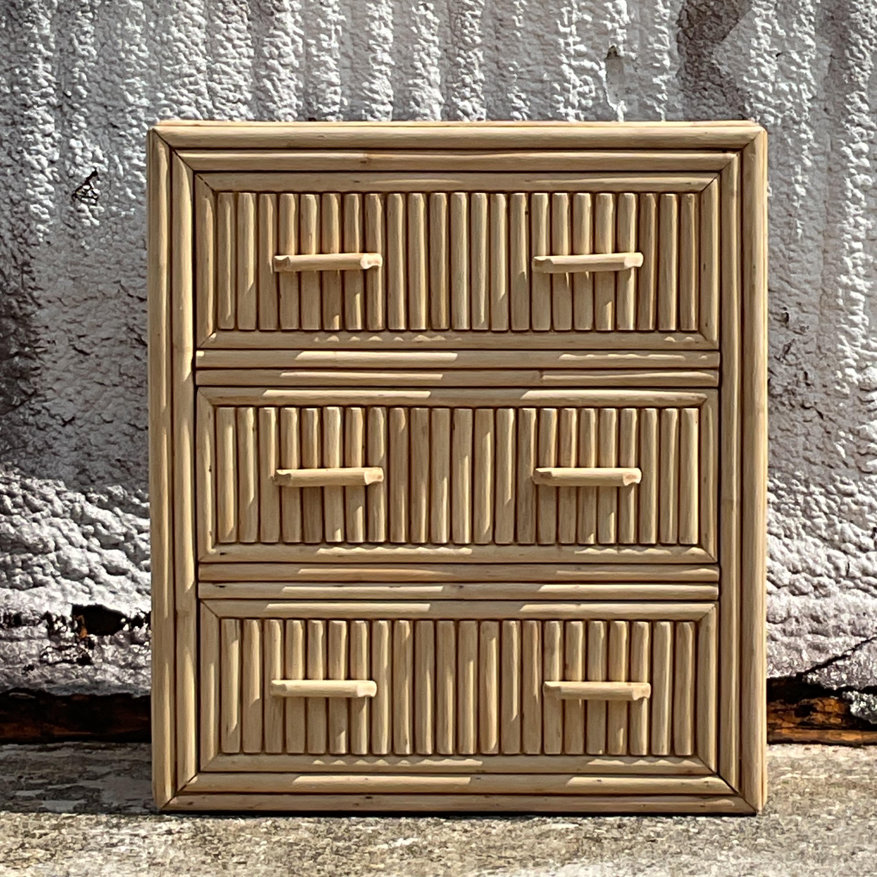 Introduci un tocco leggero e arioso nel tuo spazio con questa cassettiera in rattan sbiancato Vintage Coastal. Questo affascinante pezzo presenta una finitura in rattan sbiancato che incarna un'atmosfera rilassata e ispirata alla spiaggia, perfetta