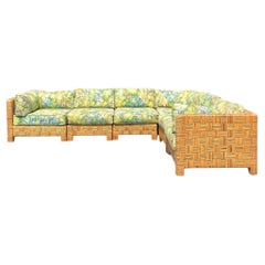 Vintage Coastal Block Weave Rattan Sectional After Donghia