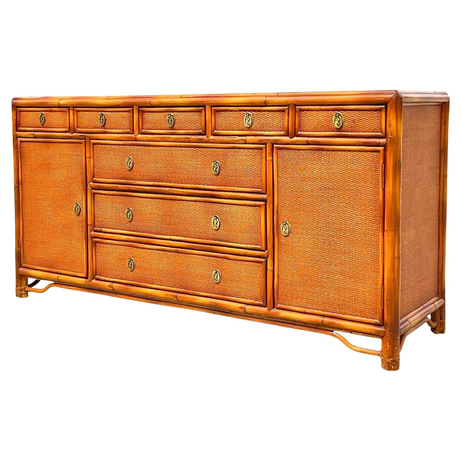 Vintage Coastal Woven Rattan Credenza at 1stDibs