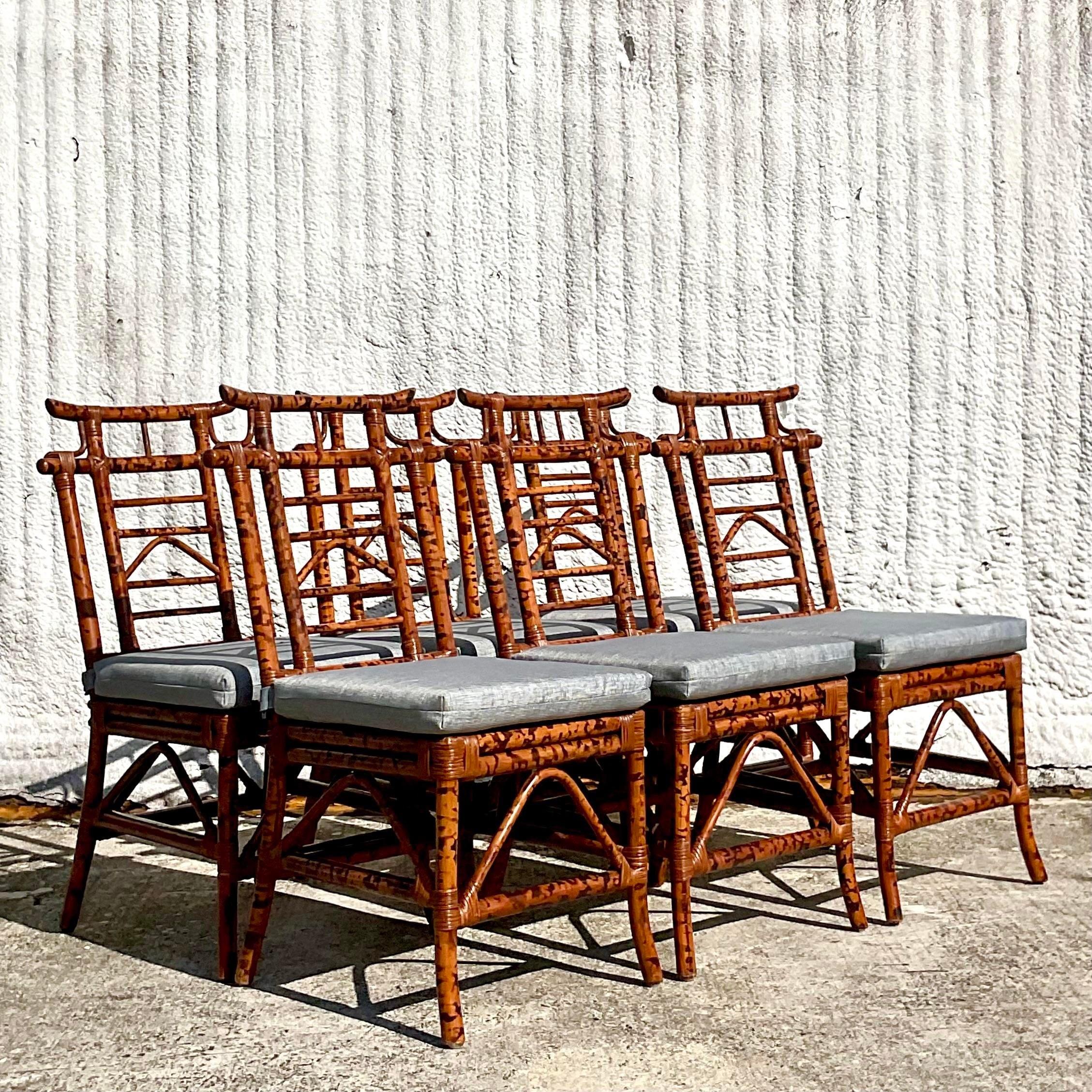 Philippine Vintage Coastal Bloomingdale’s Burnt Bamboo Pagoda Chairs - Set of 6