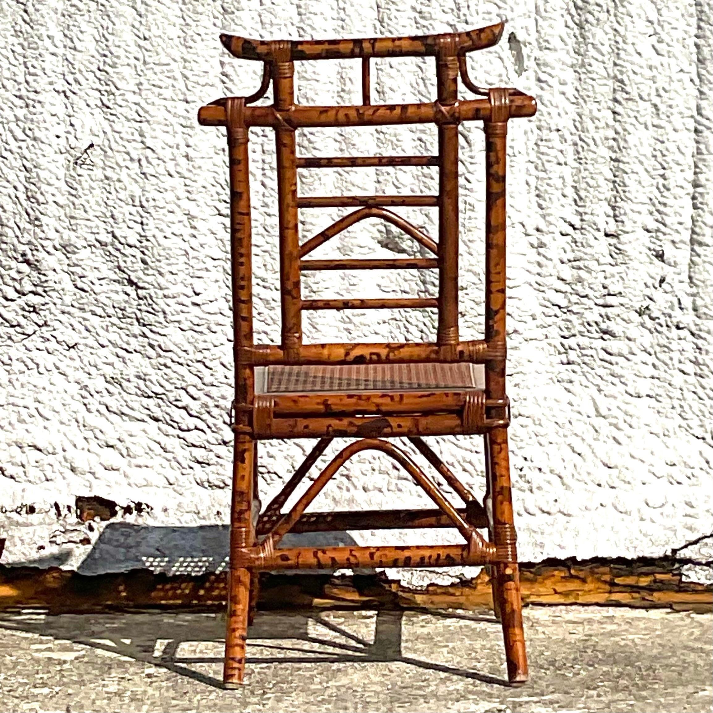 20th Century Vintage Coastal Bloomingdale’s Burnt Bamboo Pagoda Chairs - Set of 6