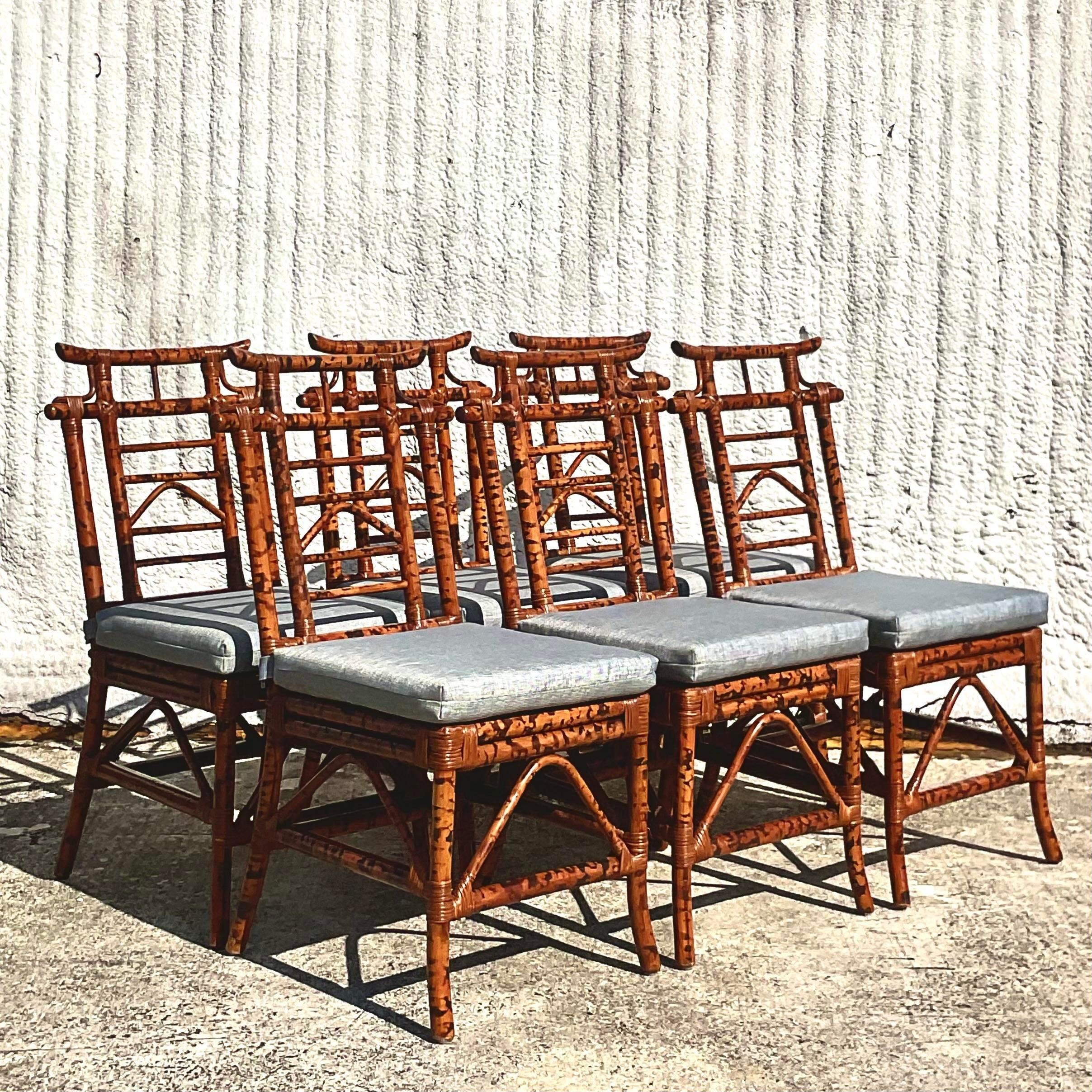 Vintage Coastal Bloomingdale’s Burnt Bamboo Pagoda Chairs - Set of 6 1