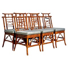 Vintage Coastal Bloomingdale’s Burnt Bamboo Pagoda Chairs - Set of 6