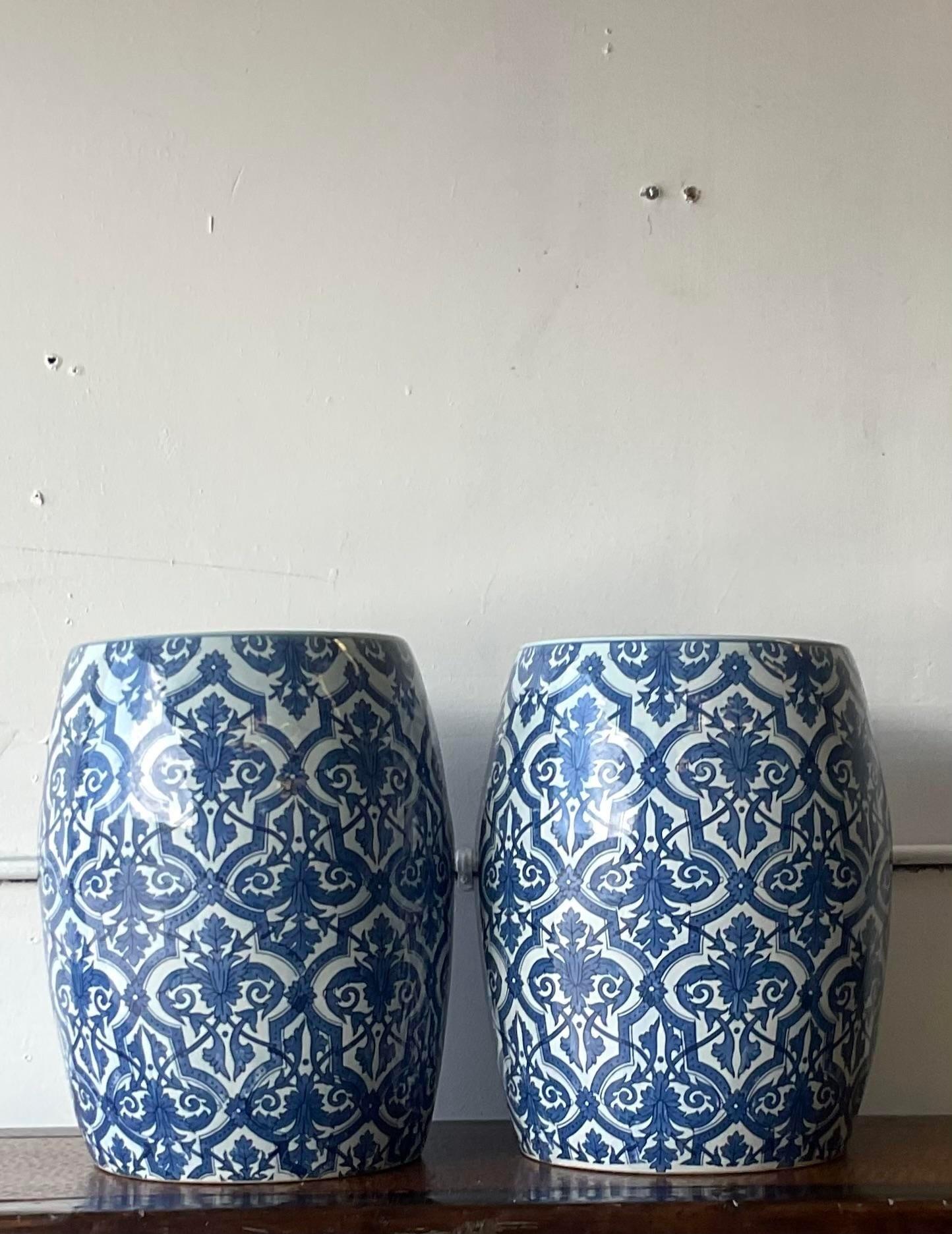 American Vintage Coastal Blue and White Garden Stools - a Pair For Sale