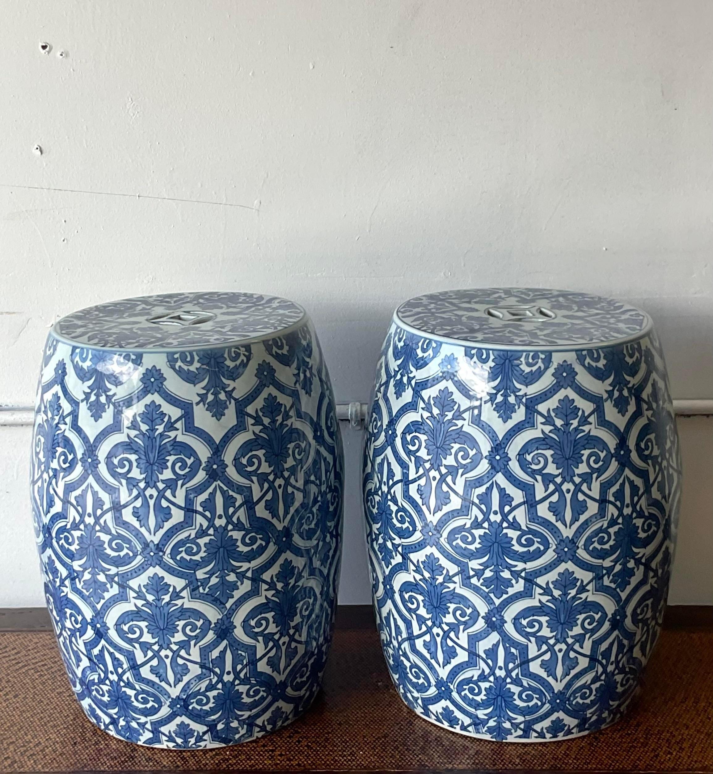 Vintage Coastal Blue and White Garden Stools - a Pair In Good Condition For Sale In west palm beach, FL