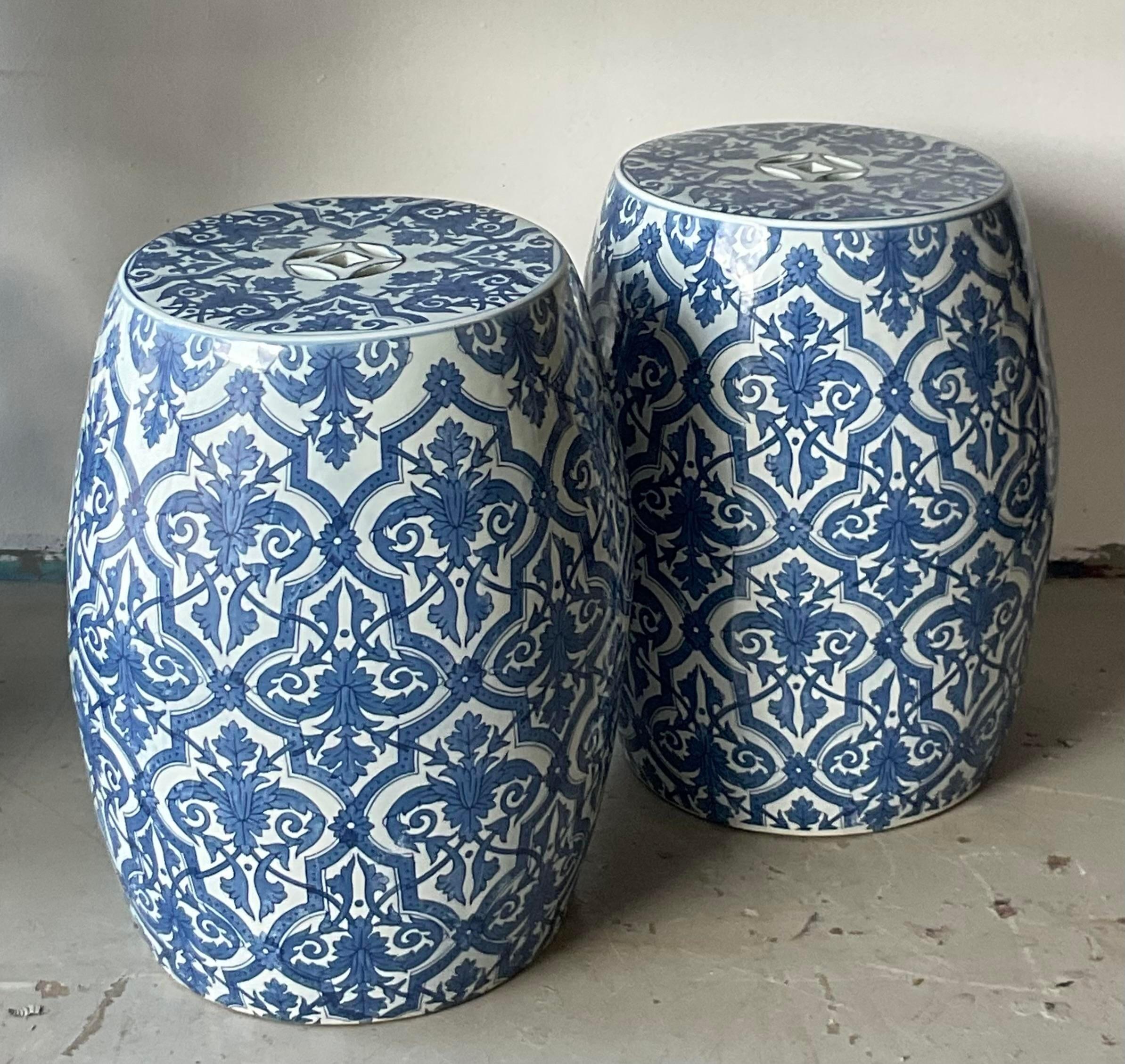20th Century Vintage Coastal Blue and White Garden Stools - a Pair For Sale