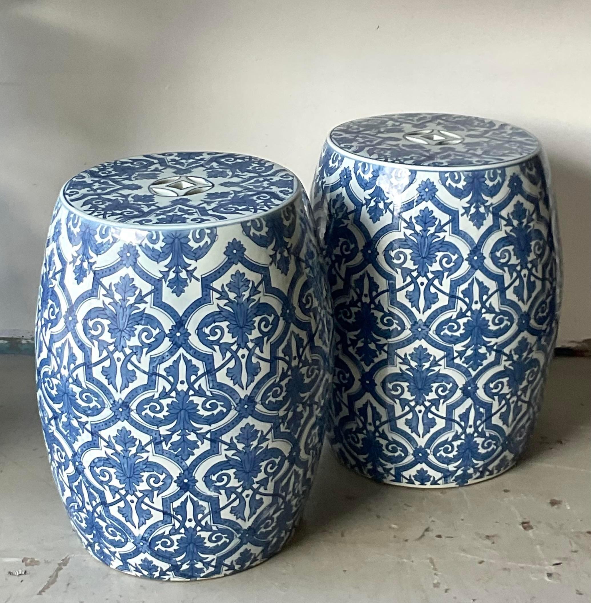 Ceramic Vintage Coastal Blue and White Garden Stools - a Pair For Sale