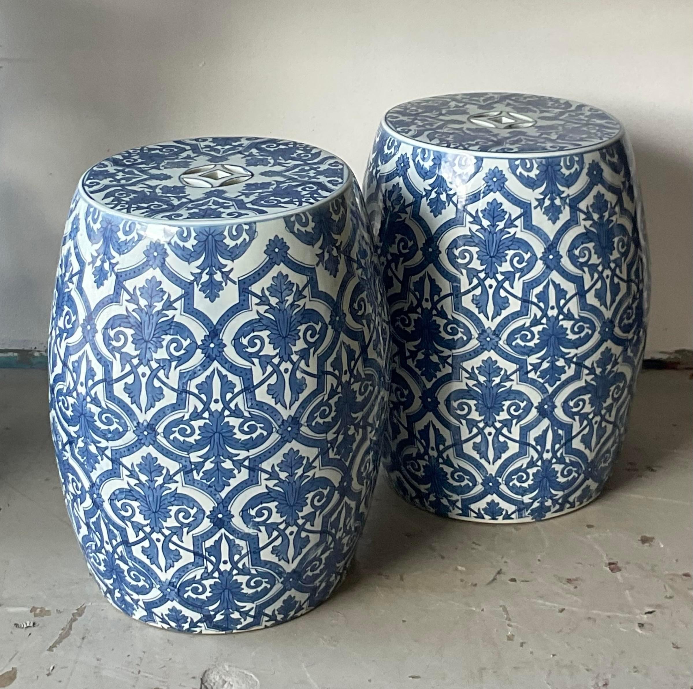 Vintage Coastal Blue and White Garden Stools - a Pair For Sale 2