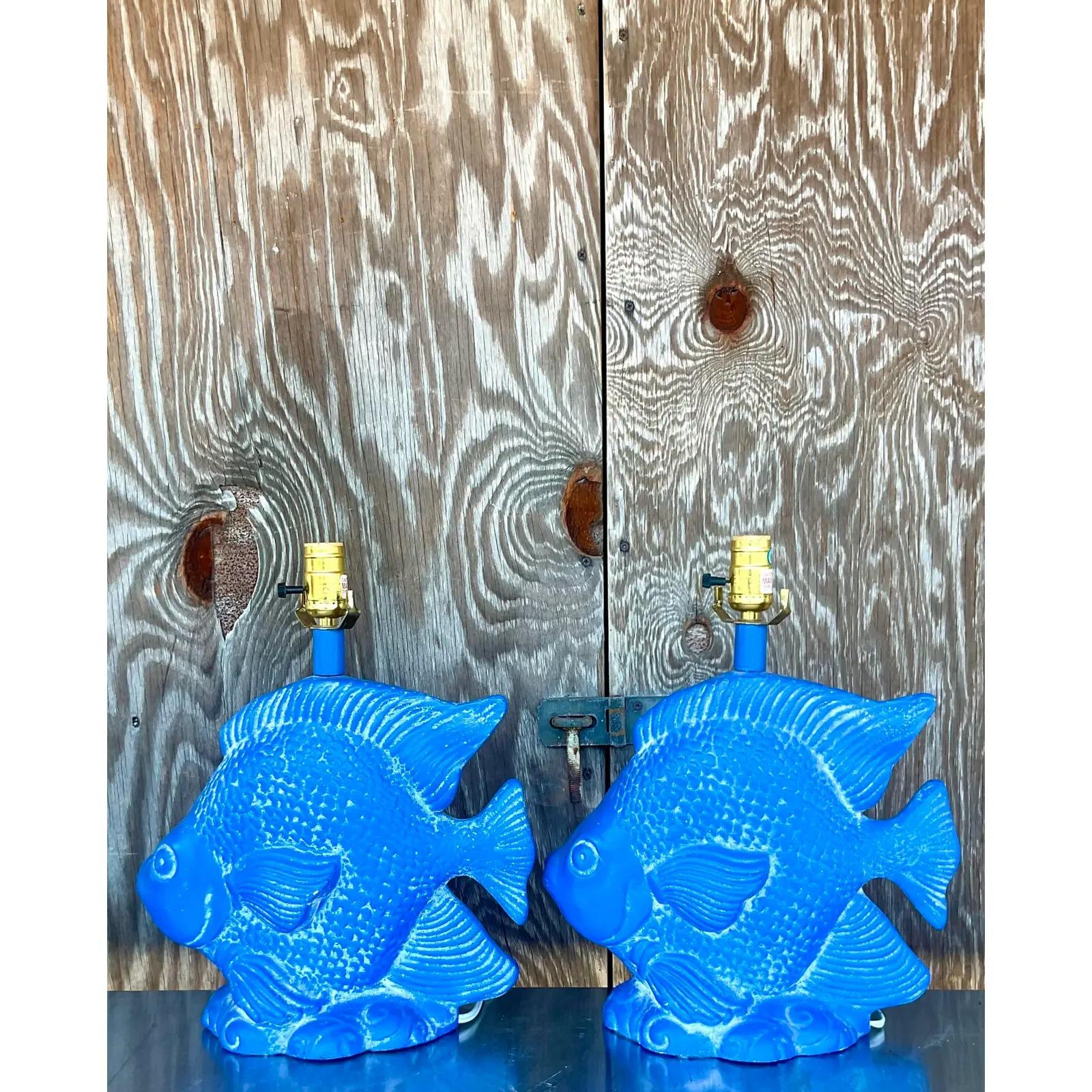 North American Vintage Coastal Blue Plaster Angelfish Lamps - a Pair For Sale