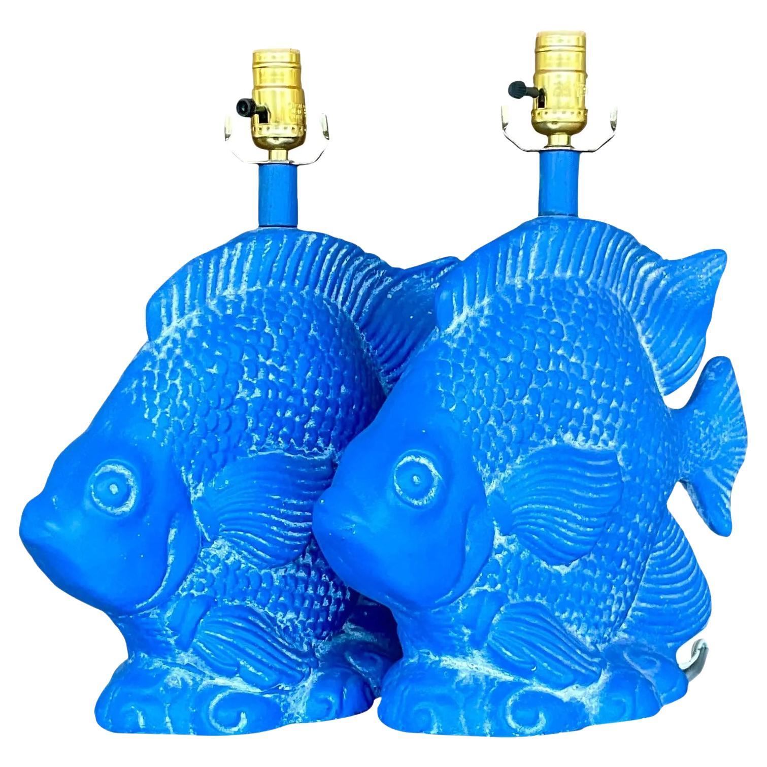 Vintage Coastal Blue Plaster Angelfish Lamps - a Pair For Sale