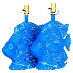 Vintage Coastal Blue Plaster Angelfish Lamps - a Pair