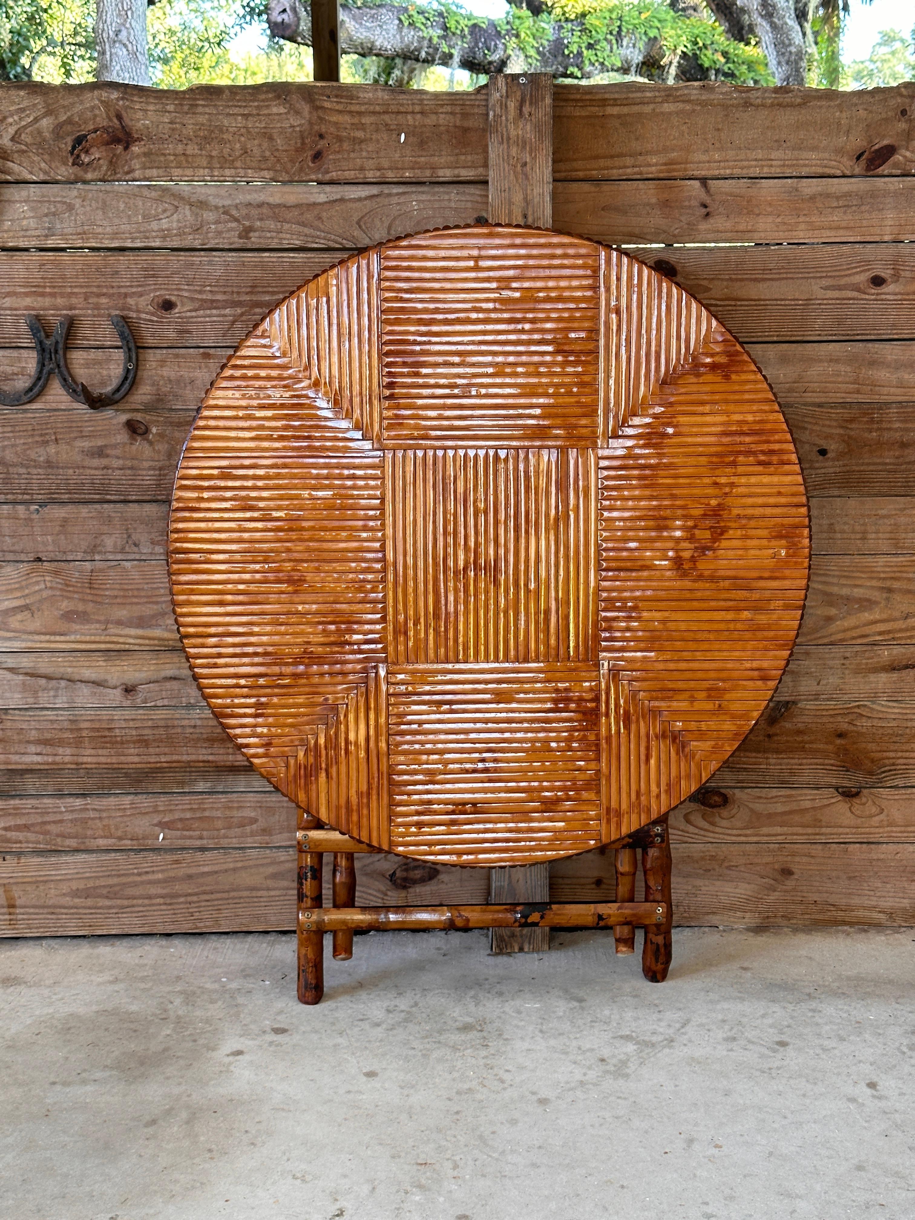 Unknown Vintage Coastal Boho Bamboo Rattan Foldable Dinning / Card Table For Sale