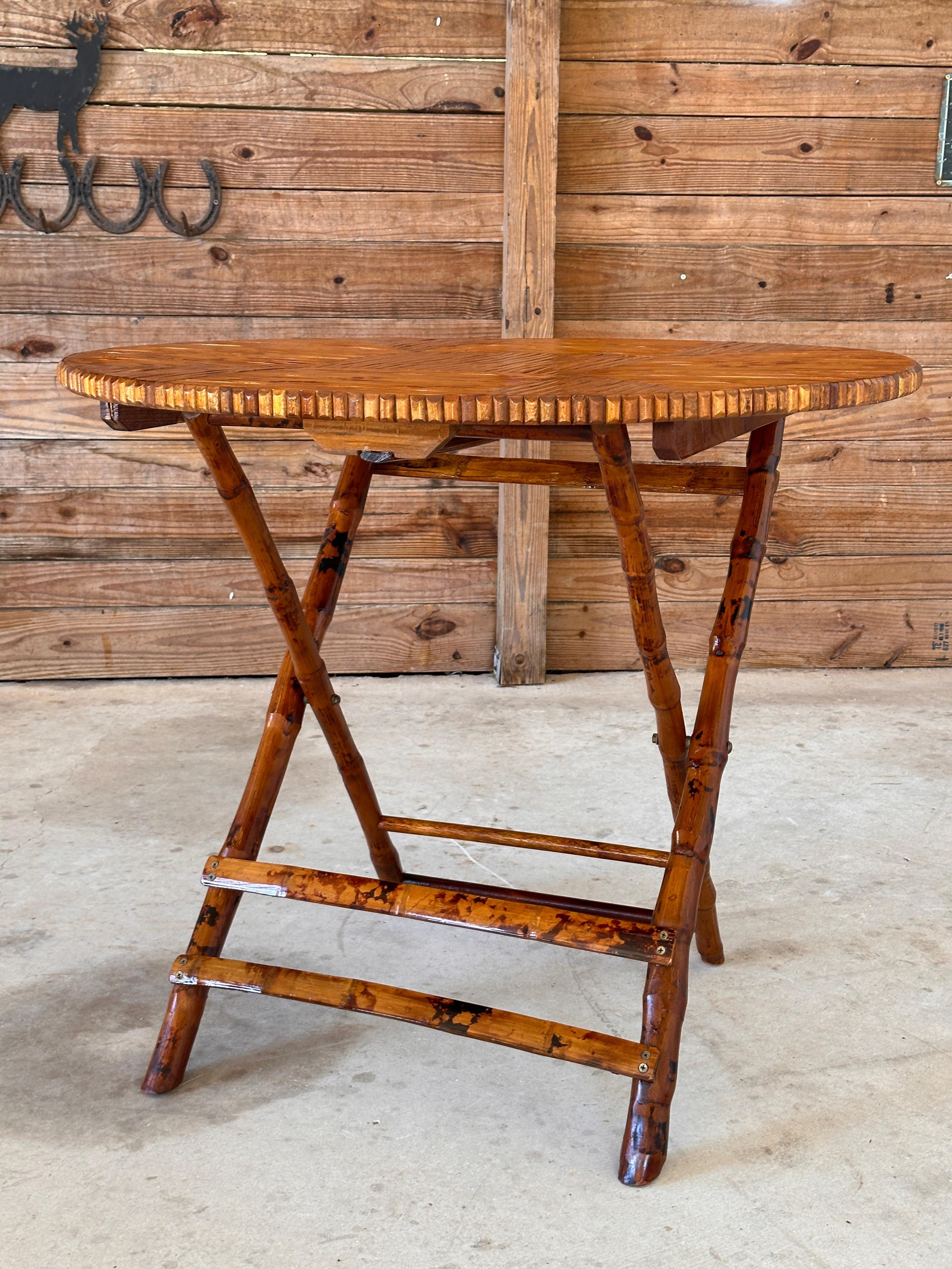 Hand-Crafted Vintage Coastal Boho Bamboo Rattan Foldable Dinning / Card Table For Sale