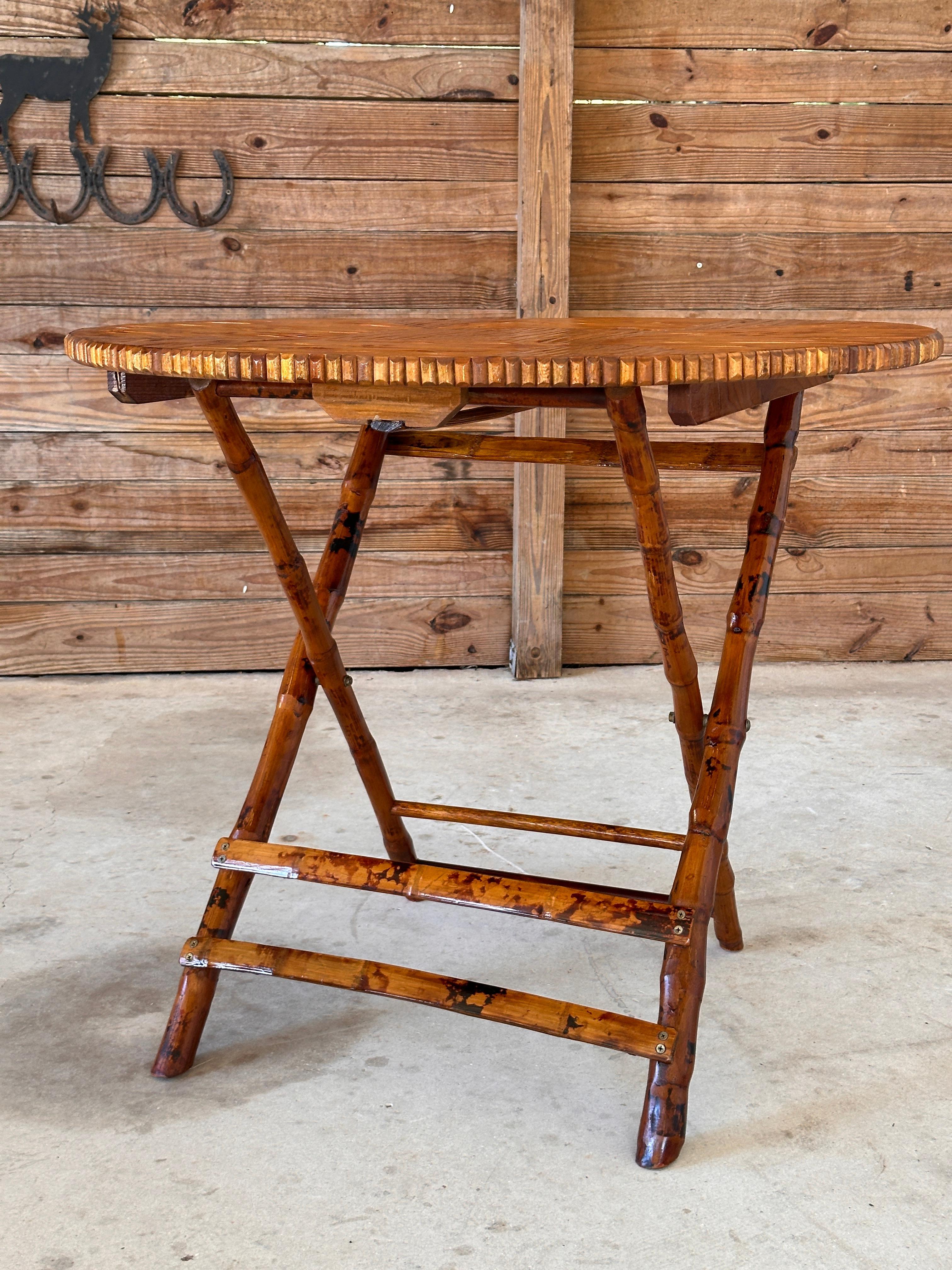 Vintage Coastal Boho Bamboo Rattan Foldable Dinning / Card Table In Good Condition For Sale In North Fort Myers, FL
