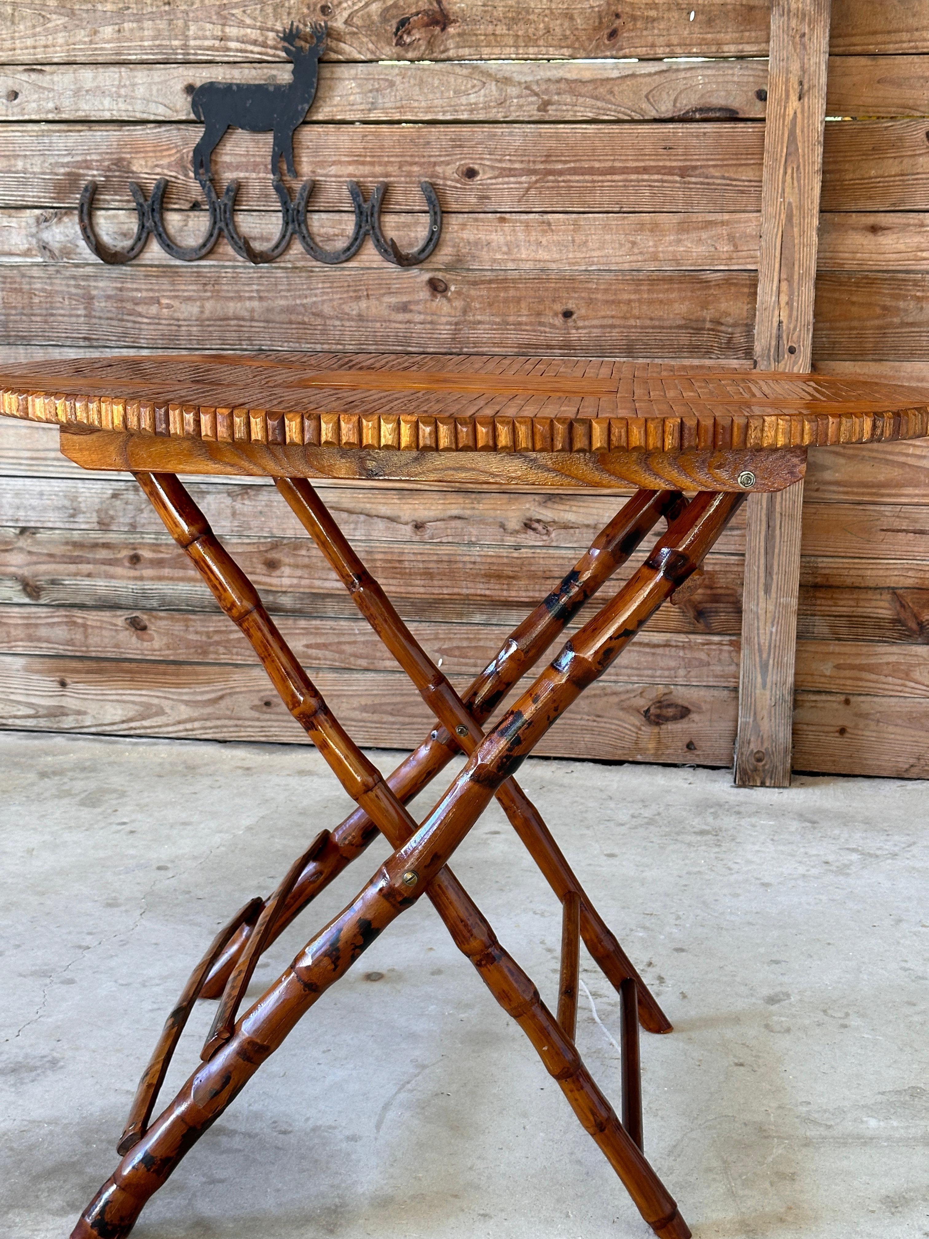 Late 20th Century Vintage Coastal Boho Bamboo Rattan Foldable Dinning / Card Table For Sale