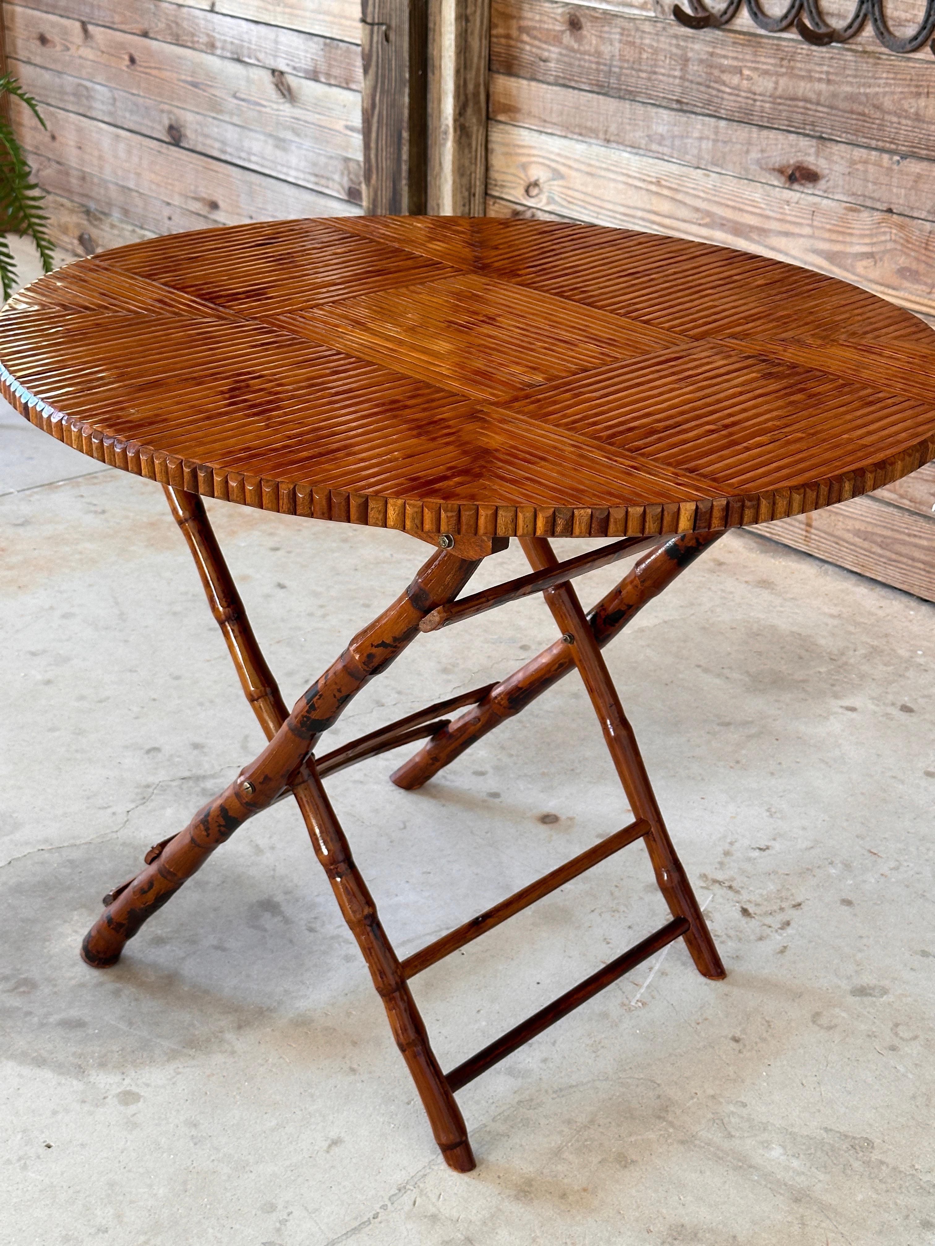 Vintage Coastal Boho Bamboo Rattan Foldable Dinning / Card Table For Sale 1