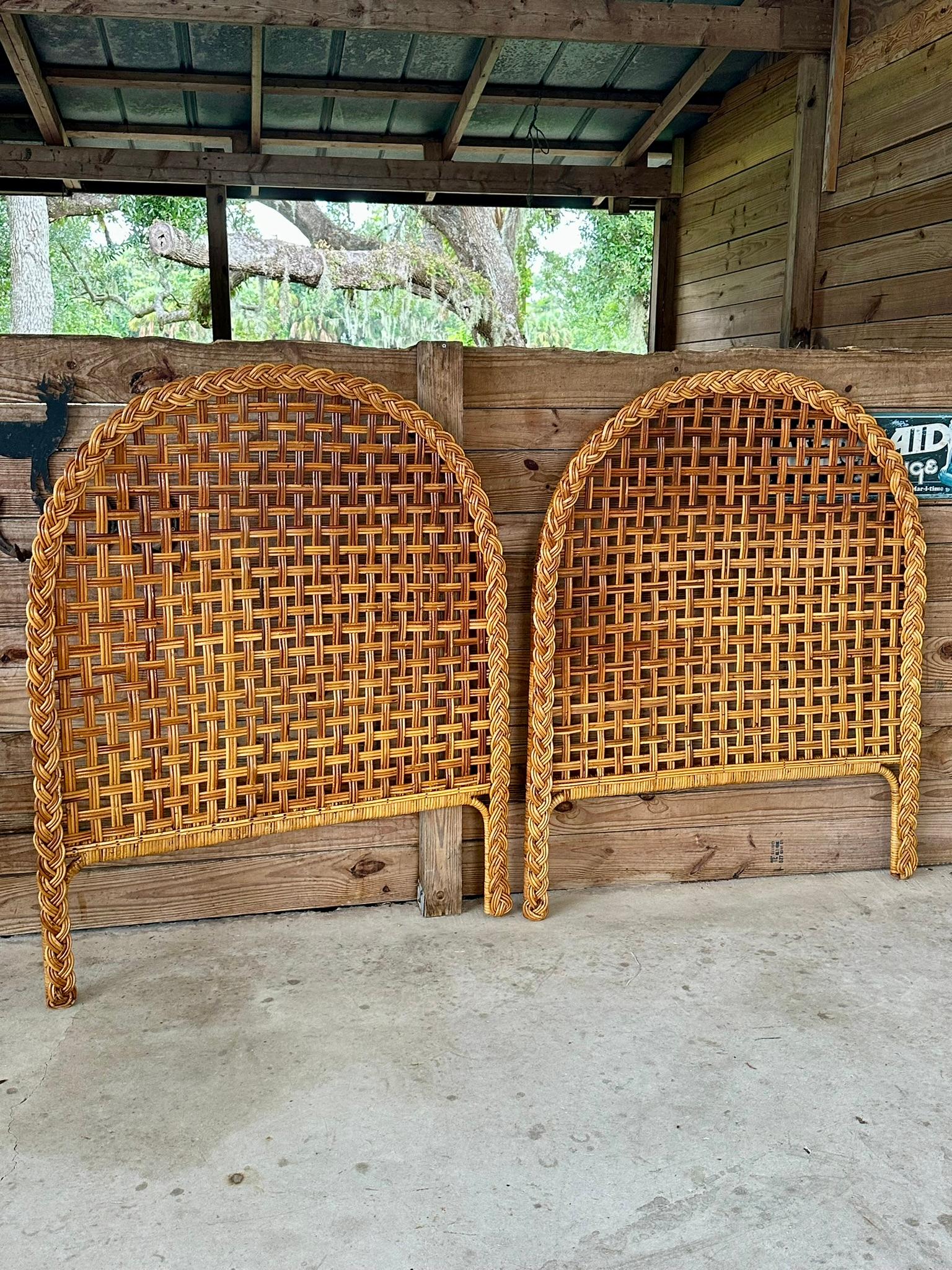 Vintage Coastal Boho Large Braid Rattan Arched Twin Headboards-Pair For Sale 3