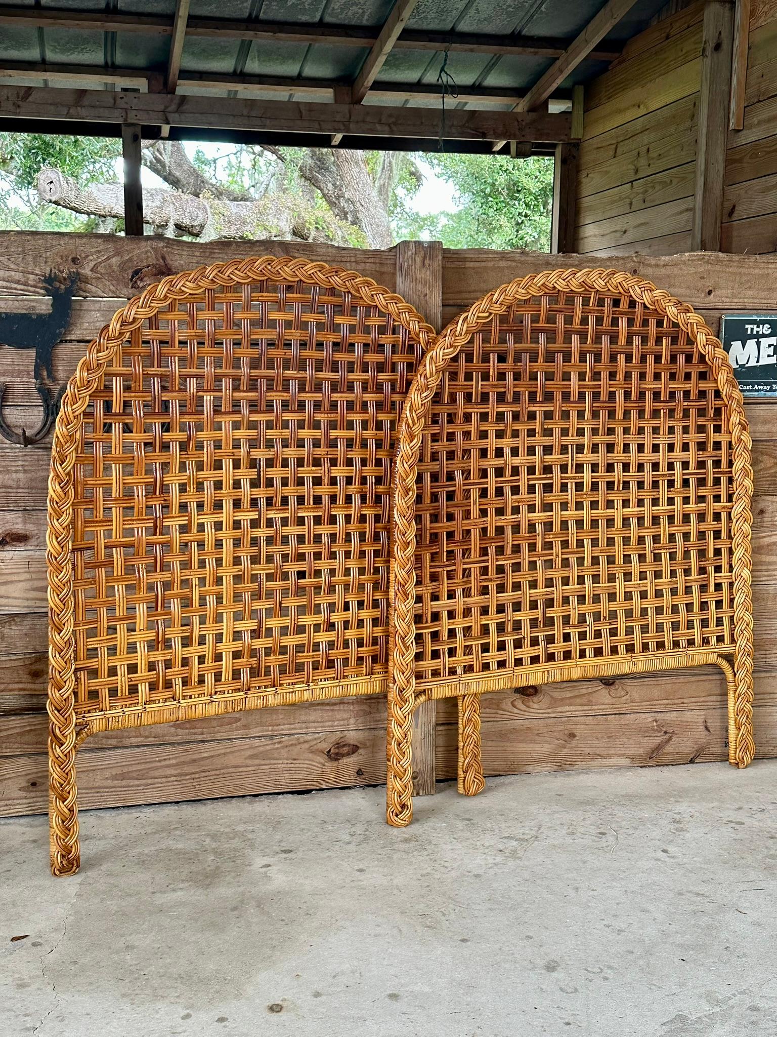 Vintage Coastal Boho Large Braid Rattan Arched Twin Headboards-Pair For Sale 4