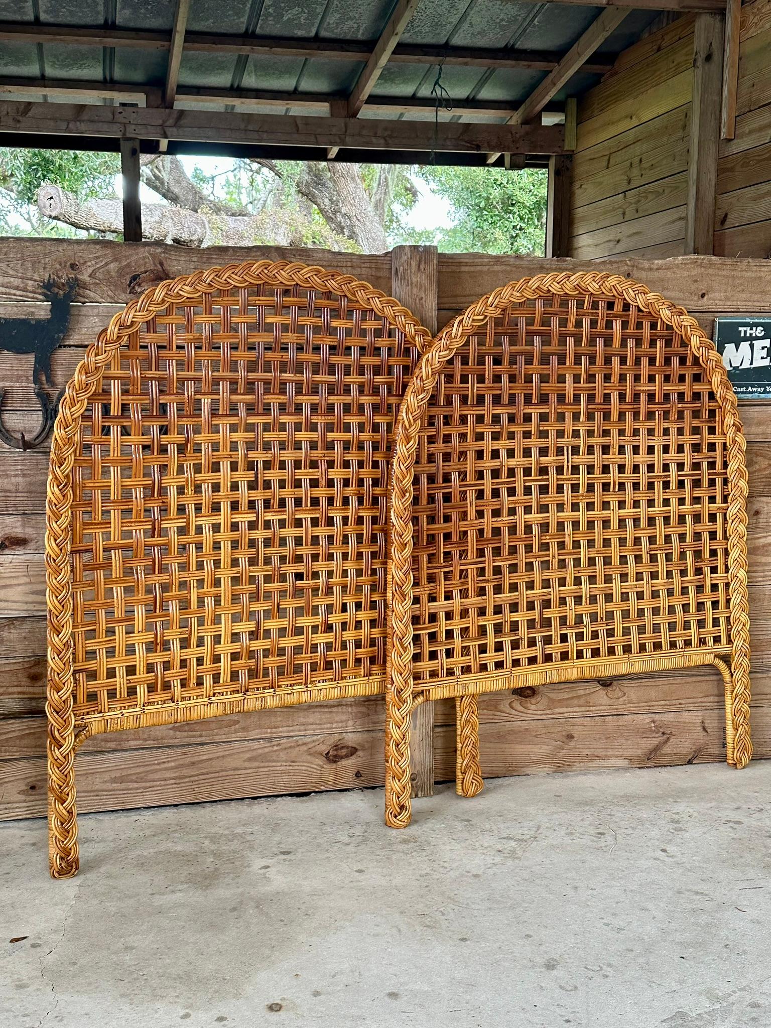 Vintage Coastal Boho Large Braid Rattan Arched Twin Headboards-Pair For Sale 5