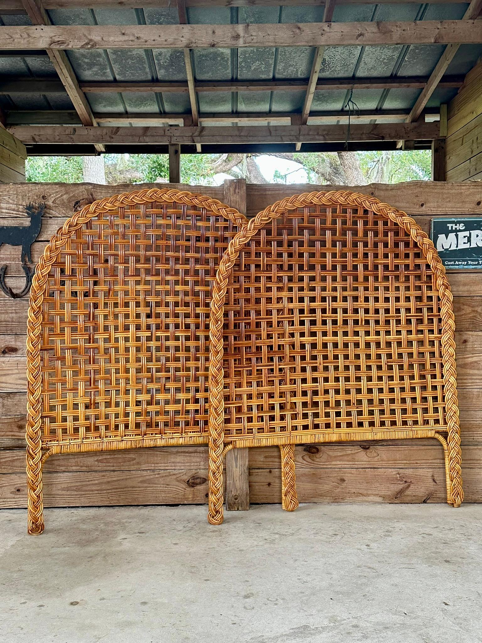 Vintage Coastal Boho Large Braid Rattan Arched Twin Headboards-Pair For Sale 9