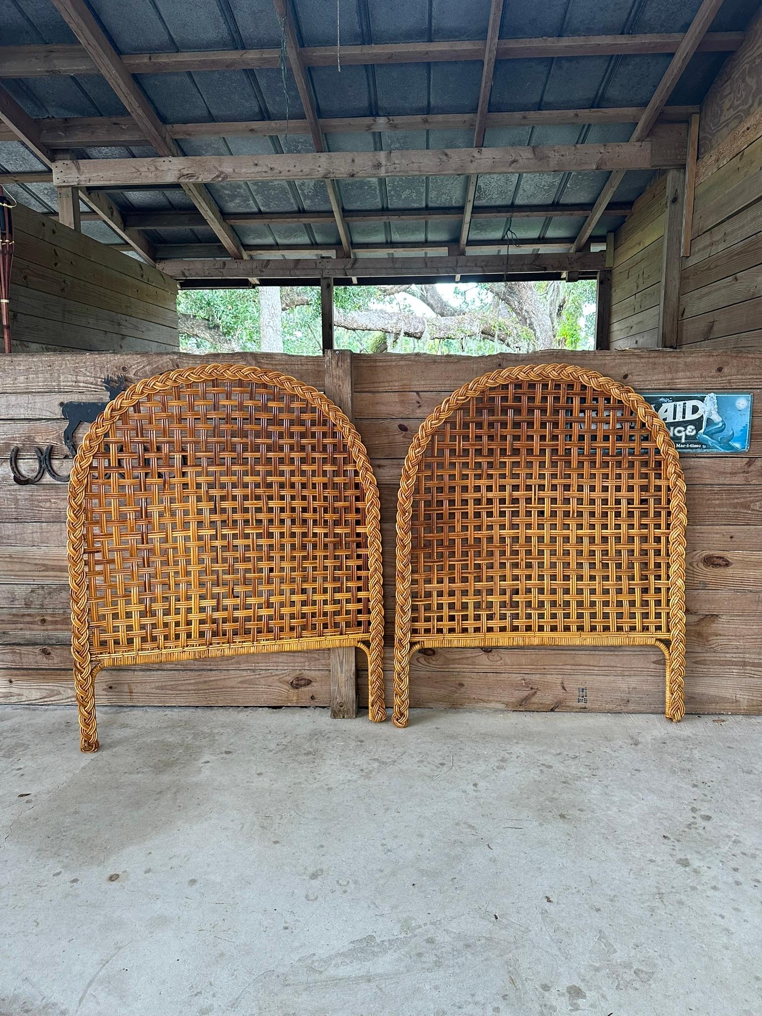 American Vintage Coastal Boho Large Braid Rattan Arched Twin Headboards-Pair For Sale