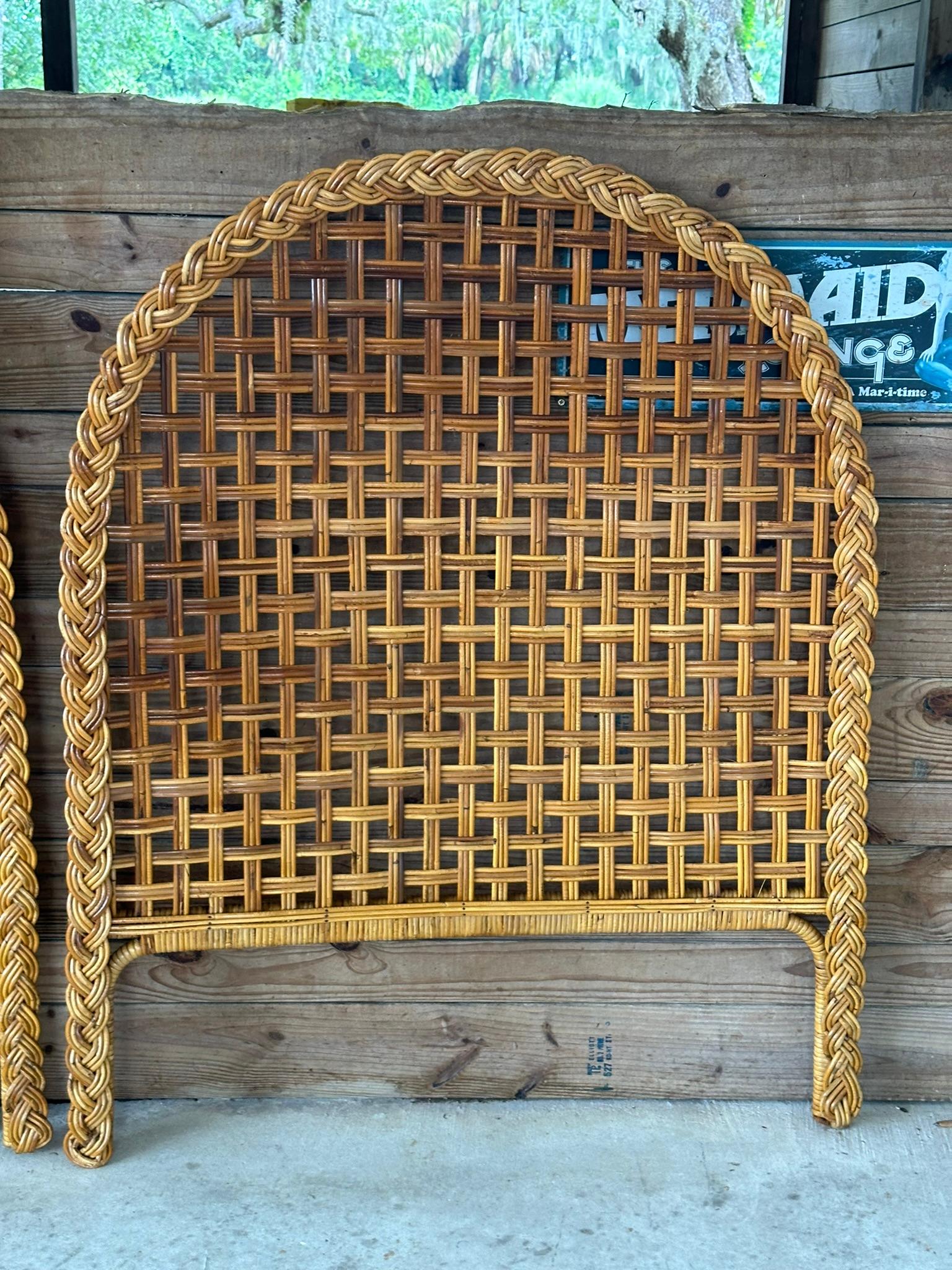 Hand-Crafted Vintage Coastal Boho Large Braid Rattan Arched Twin Headboards-Pair For Sale