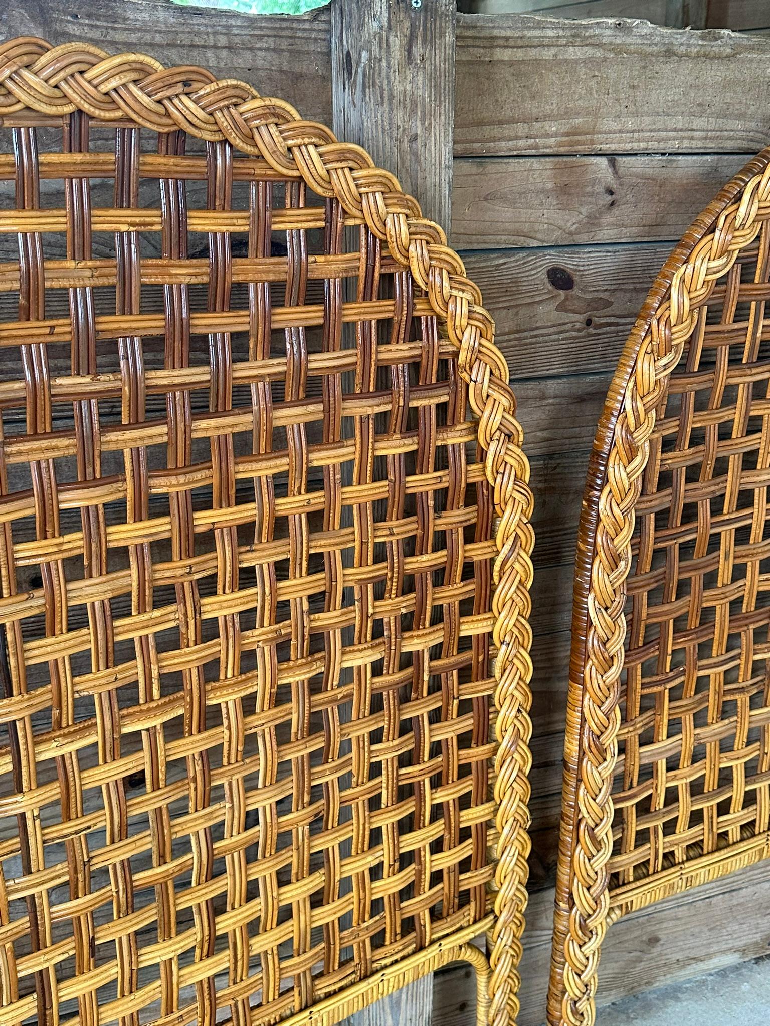 Late 20th Century Vintage Coastal Boho Large Braid Rattan Arched Twin Headboards-Pair For Sale