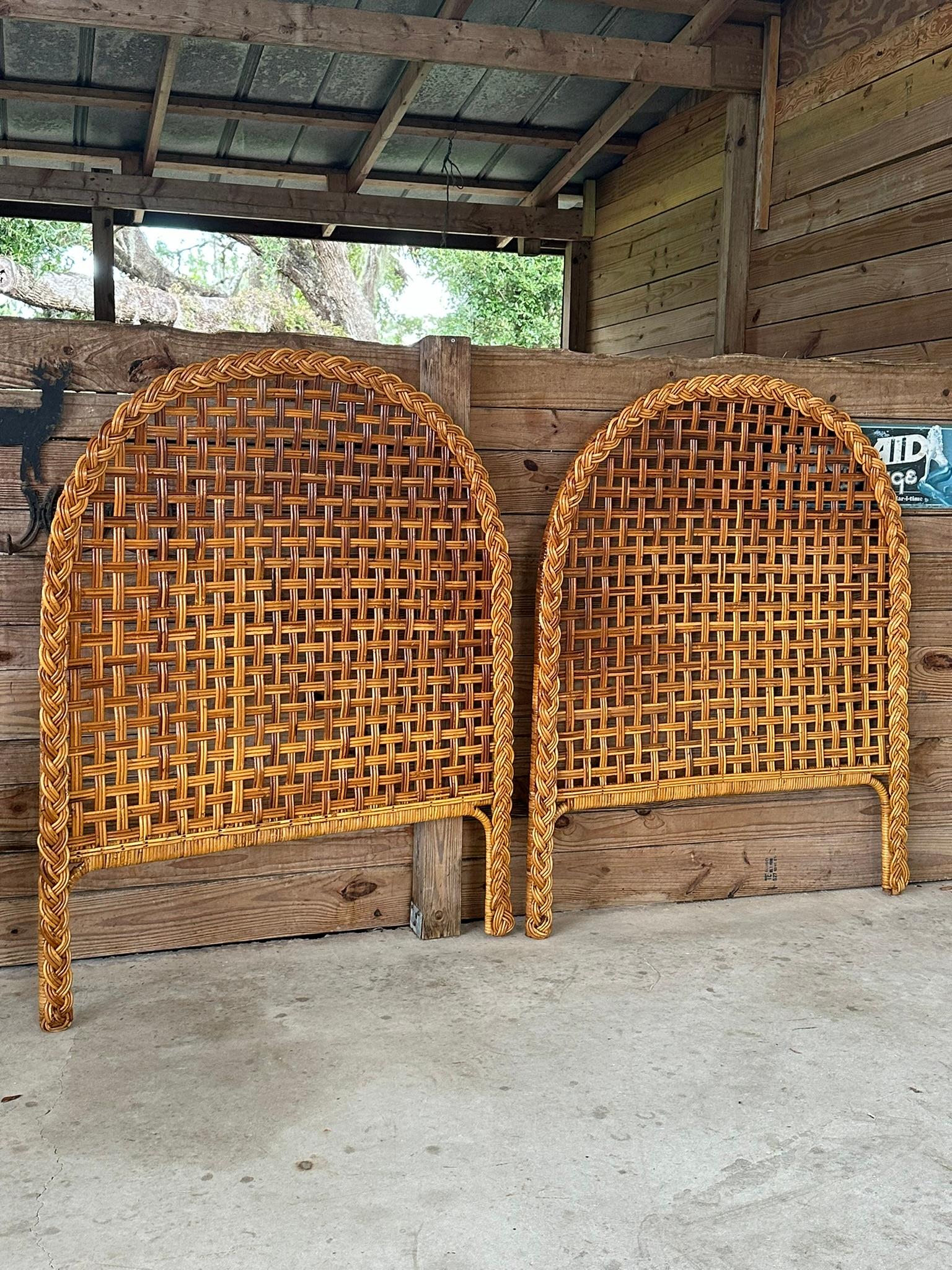 Vintage Coastal Boho Large Braid Rattan Arched Twin Headboards-Pair For Sale 1