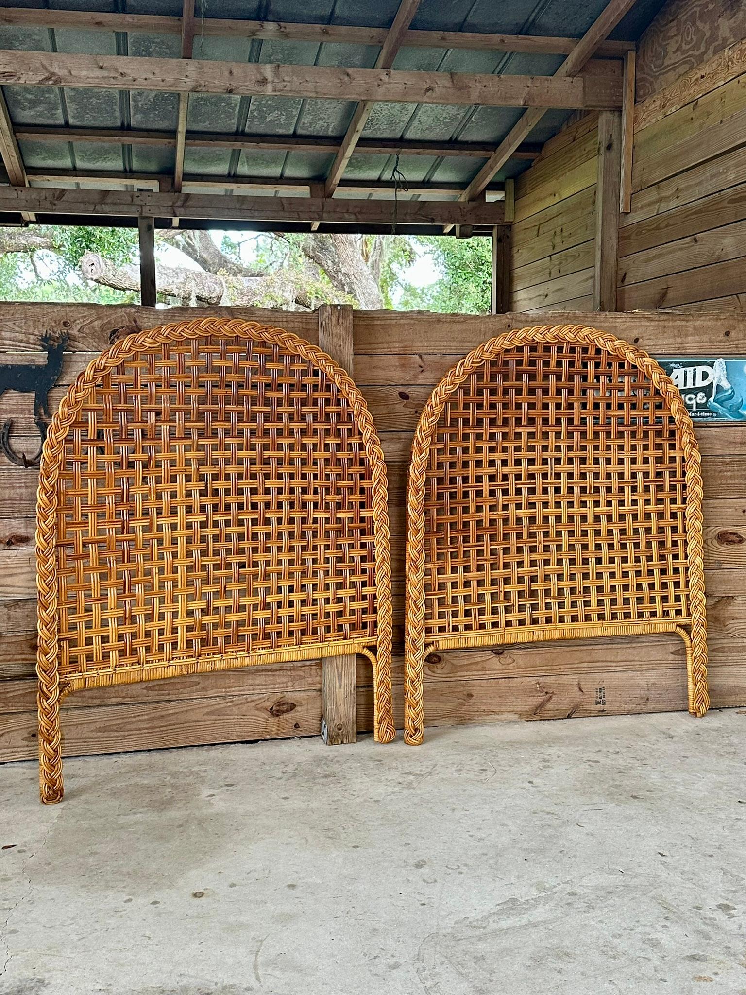 Vintage Coastal Boho Large Braid Rattan Arched Twin Headboards-Pair For Sale 2