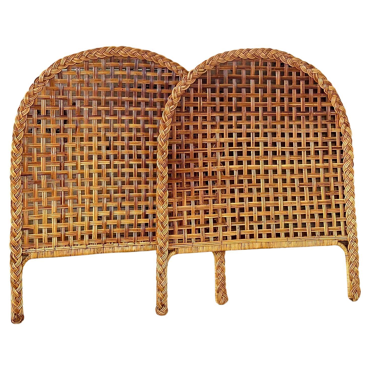 Vintage Coastal Boho Large Braid Rattan Arched Twin Headboards-Pair
