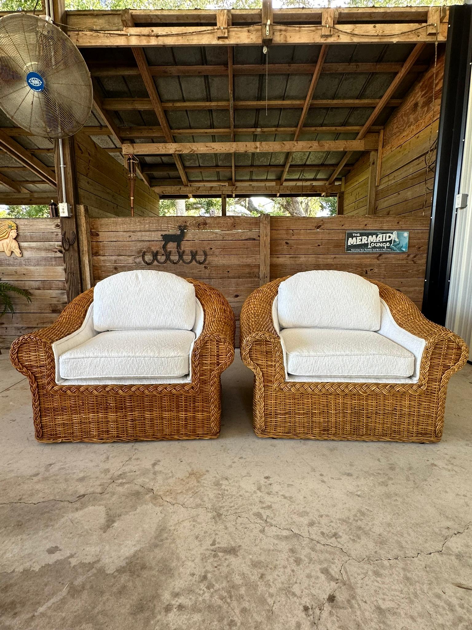 Vintage Coastal Boho Large Braid Rattan Lounge Chairs Custom Upholstered 3