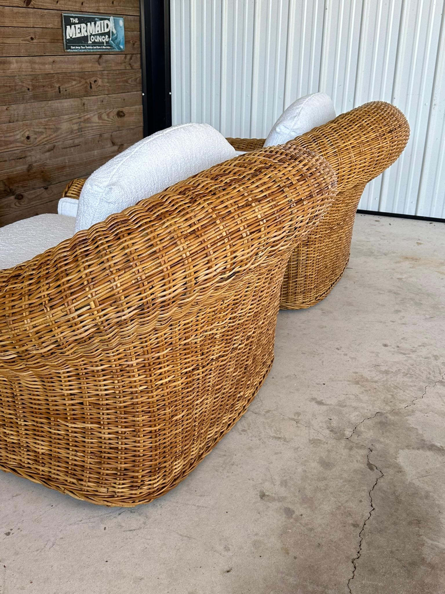 Vintage Coastal Boho Large Braid Rattan Lounge Chairs Custom Upholstered 4