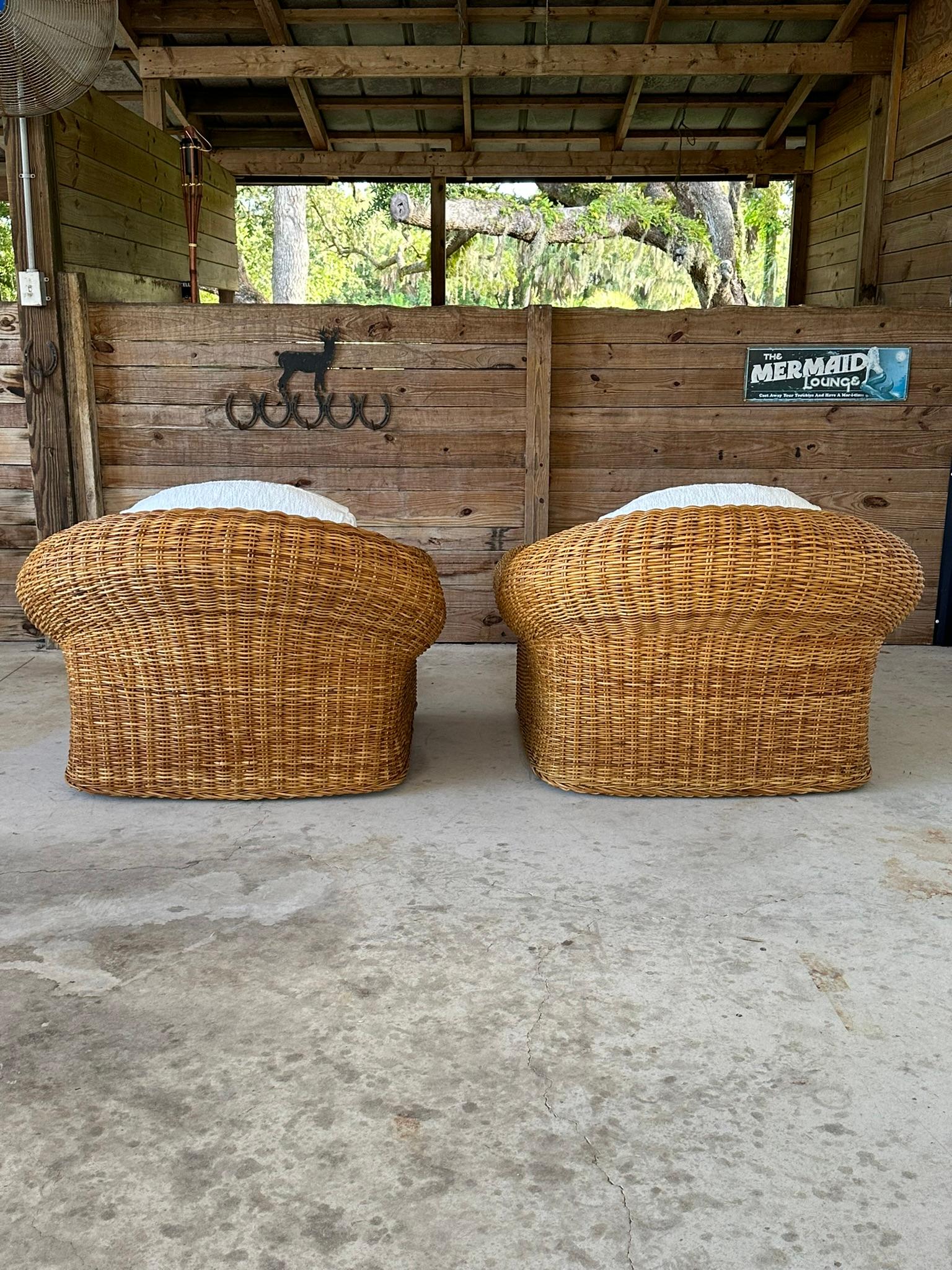 Vintage Coastal Boho Large Braid Rattan Lounge Chairs Custom Upholstered 5