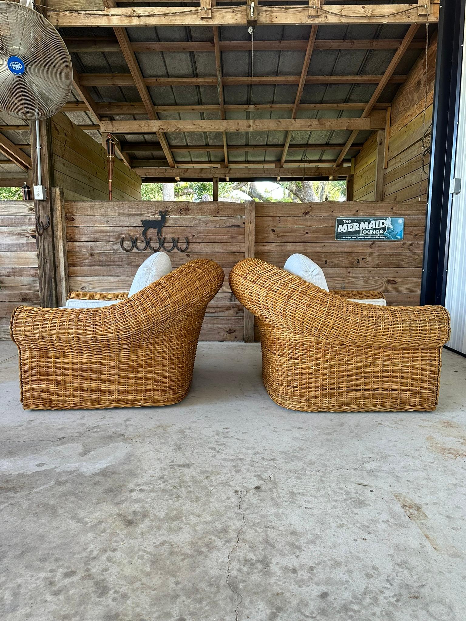 Vintage Coastal Boho Large Braid Rattan Lounge Chairs Custom Upholstered 6